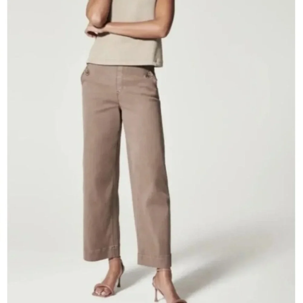Spanx Womens Taupe Brown Stretch Twill Wide Leg Crop Pants Size Medium M